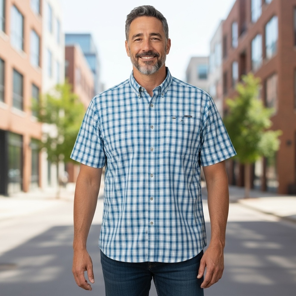 Eddie Bauer Blue and White Plaid Short-Sleeve Button-Down Shirt
